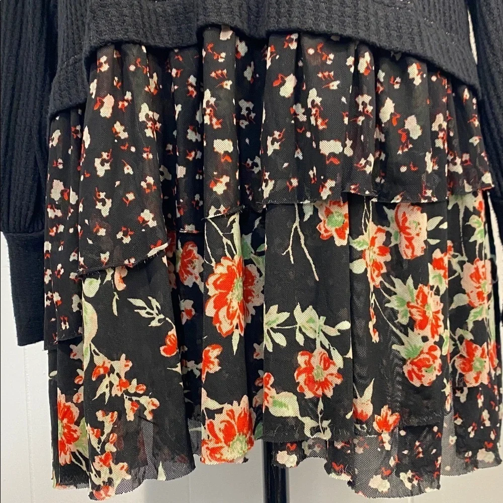 Free People Opposites Attract Mini Dress Black Waffle Top Floral Tiered Skirt XS